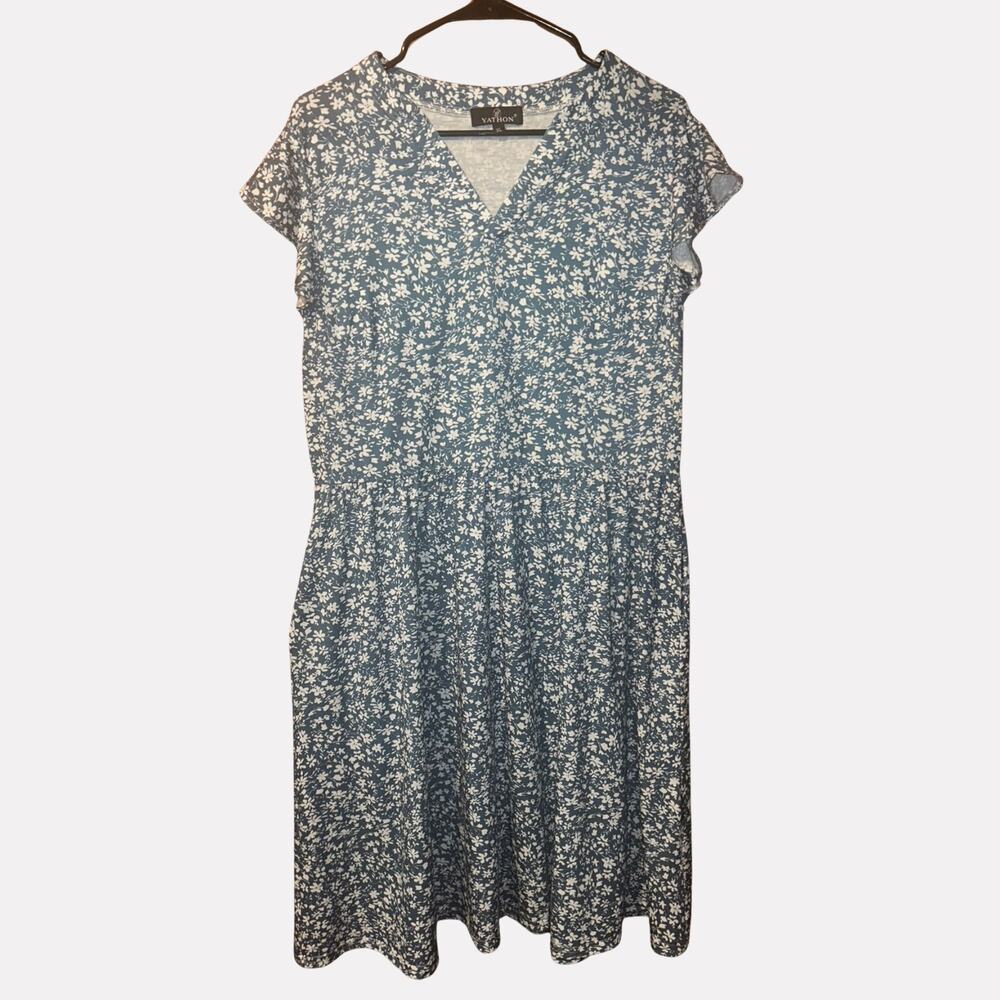 YATHON Floral Midi Dress XL Blue White V Neck Pocket Cottagecore Casual